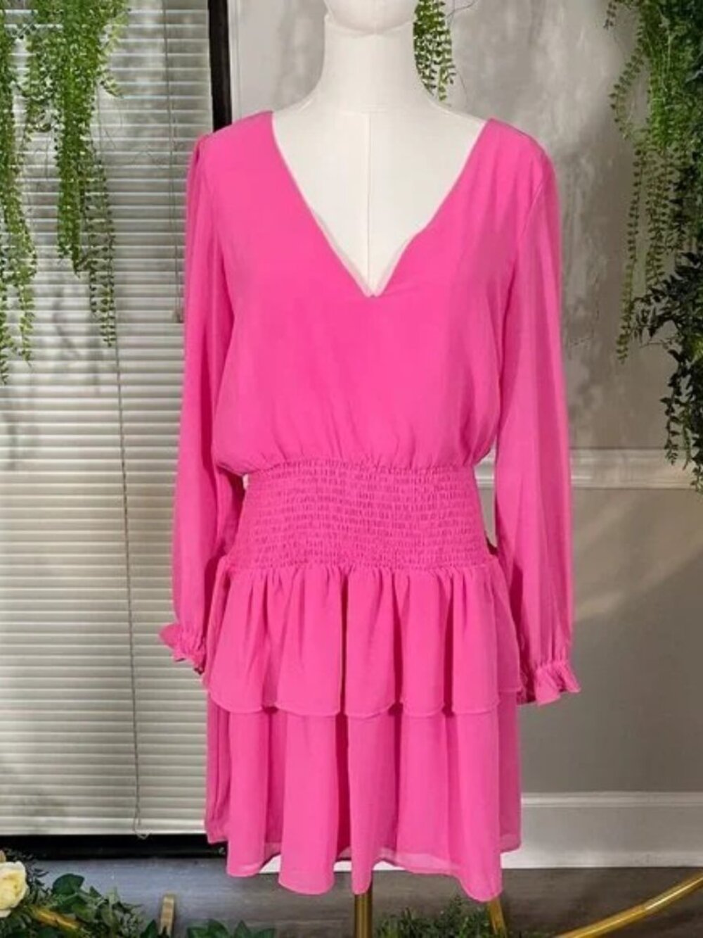 1. State | V Neck Smocked Dress in Bright Mulberry